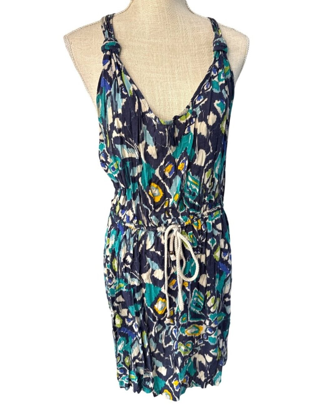 Calvin Klein Jeans Multicolor Sleeveless Ikat Print Tie-Waist Silk Dress L
